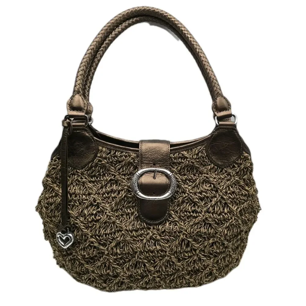 BRIGHTON VINTAGE Woven Straw Shoulder Hobo Bag Bronze Leather Trim Charm